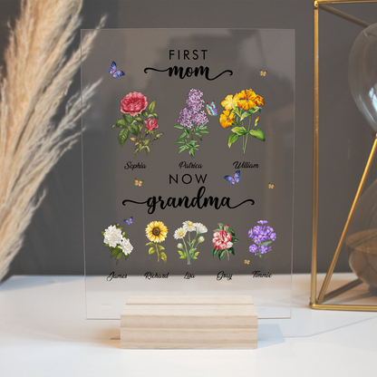 Einzigartiges Muttertagsgeschenkschild, personalisierter Namensständer für Enkel und Kinder, Geschenk für Sie, Oma-Geschenk, Acryl-Display „Erste Mama, jetzt Oma“