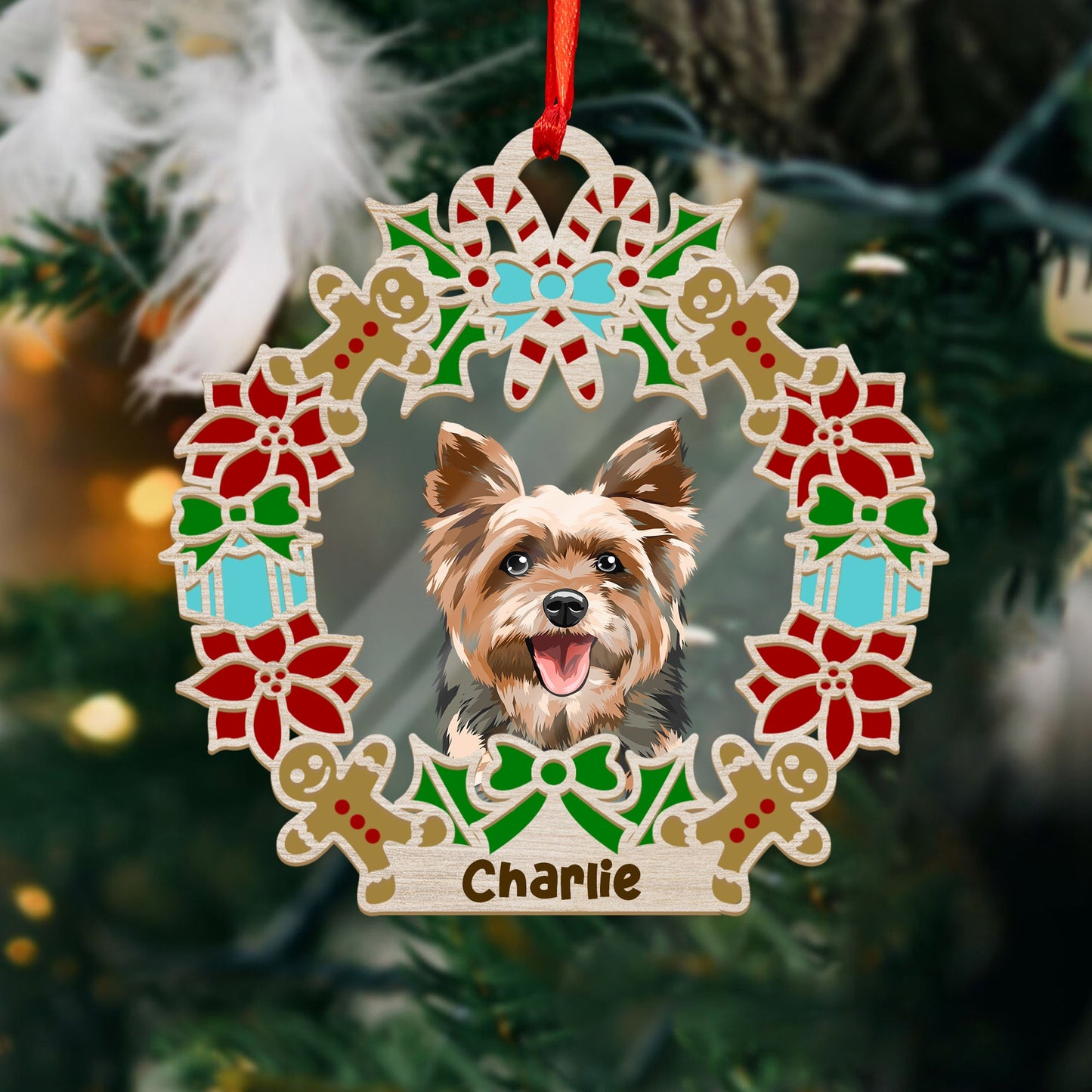 Wreath and Dog Holiday Christmas Ornament - Custom Shape Wood and Acrylic Ornament