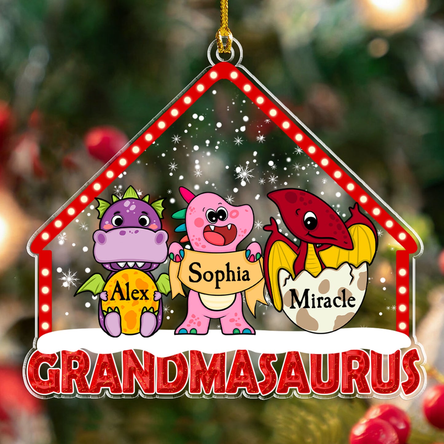 Omasaurus Oma mit ihren Kindern an Weihnachtstagen – personalisiertes Acrylornament in individueller Form 