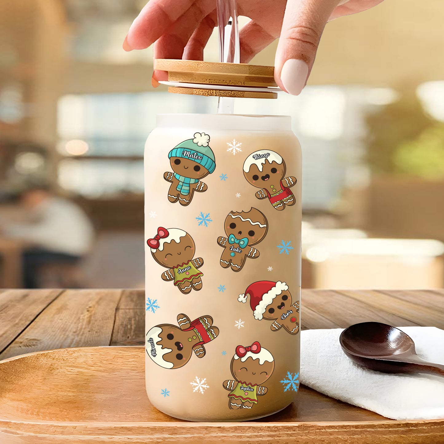 Family Cookie Christmas Bottle/Frosted Bottle With Lid & Straw - Personalized Glass Bottle