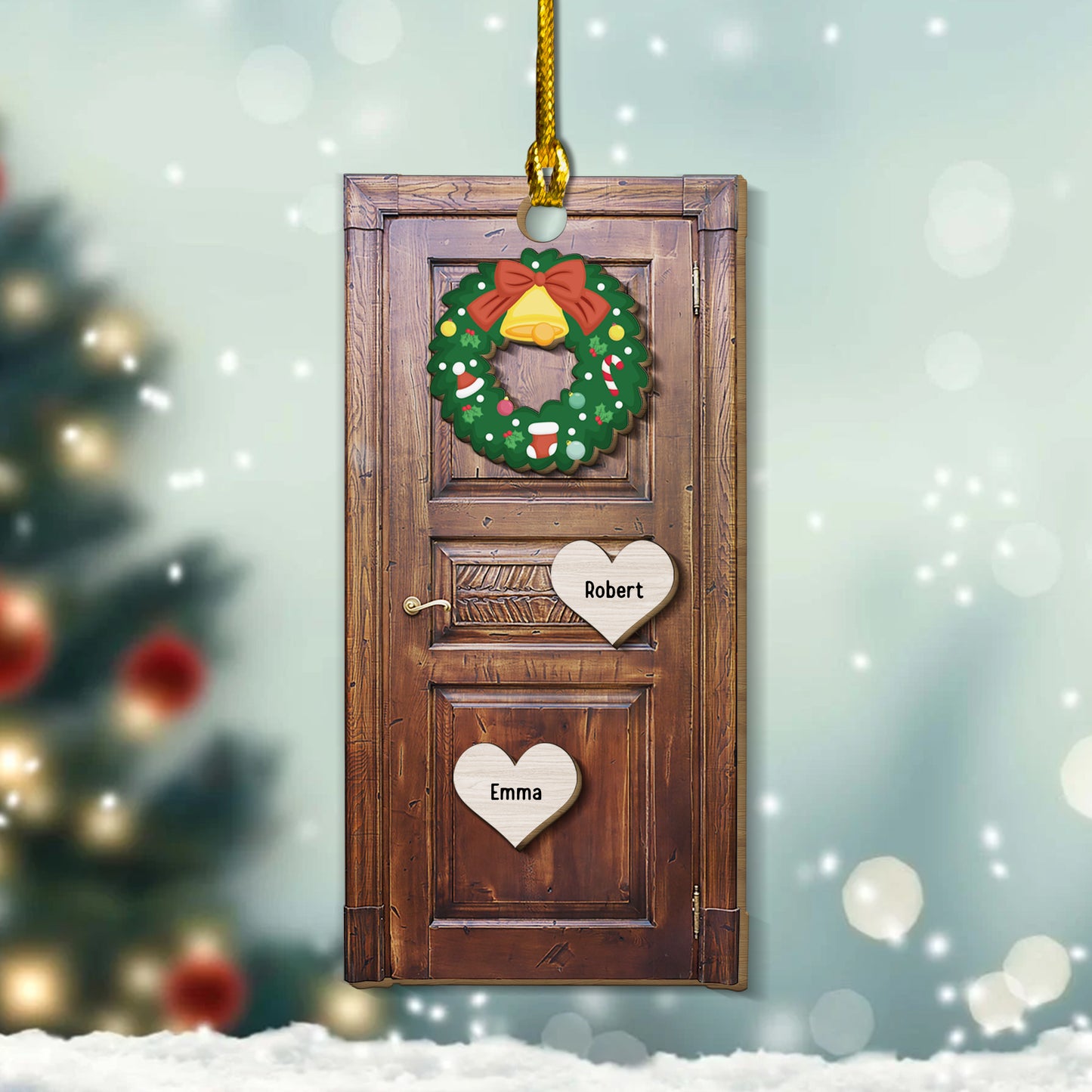 Front Door Christmas Holiday Ornament with Wreath - Custom Shape Wood Ornament - Wood Ornament 2 Layered