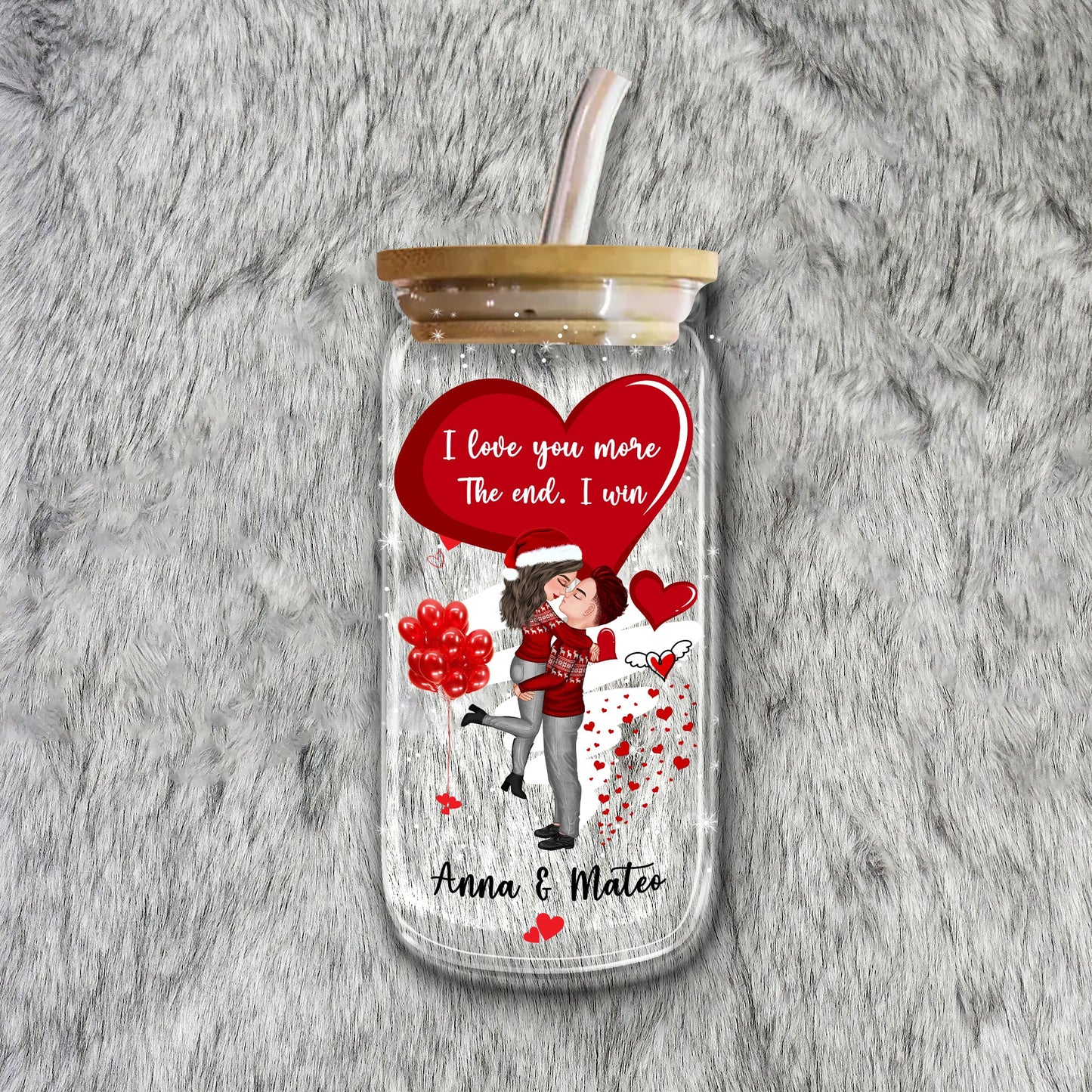 Weihnachtsflasche „I Love You More“/Mattierte Flasche mit Deckel und Strohhalm – personalisierte Glasflasche