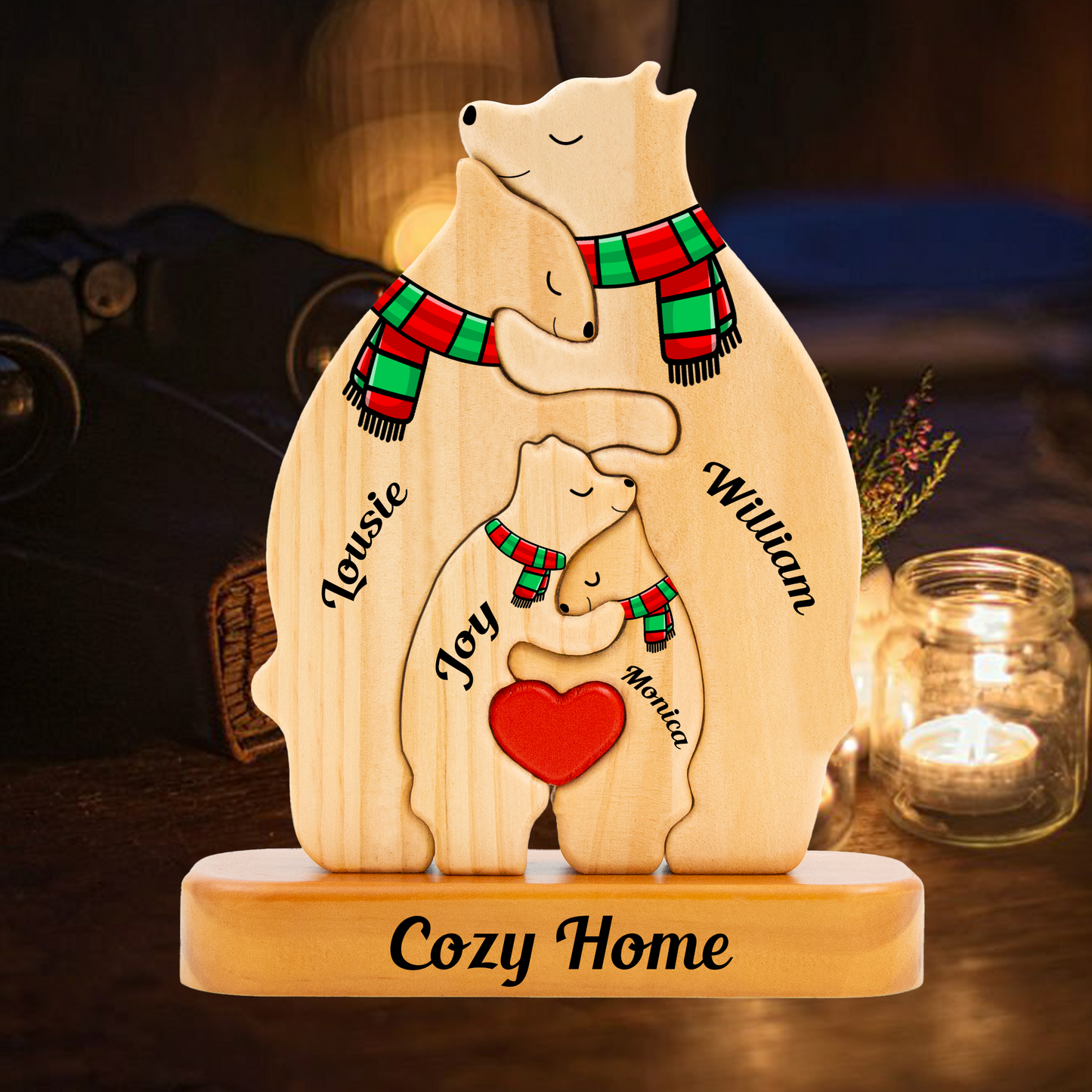 Personalized Wooden Bear Family Puzzle, Wooden Bear With Scarf, Christmas Family Keepsake Gifts