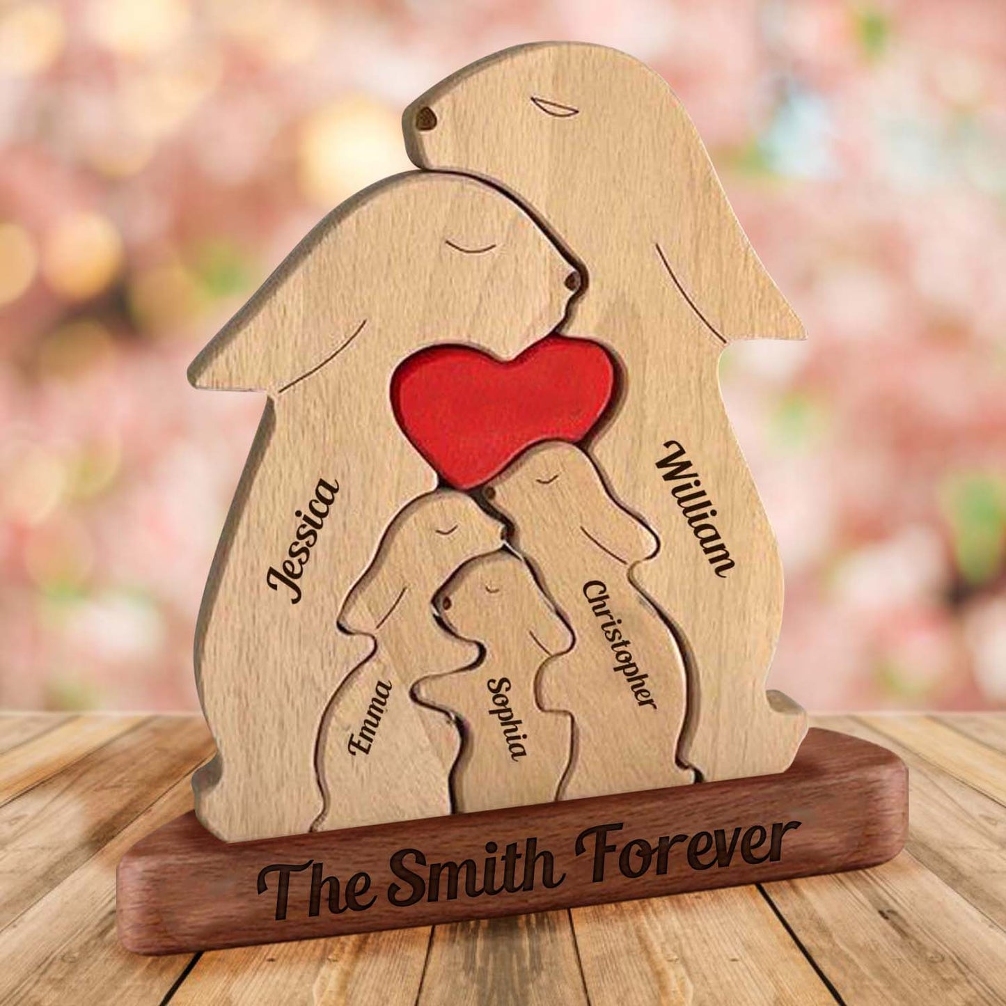 Personalized Rabbits With Hearts Wooden Family - Puzzle Wooden Family - Wooden Pet Carvings