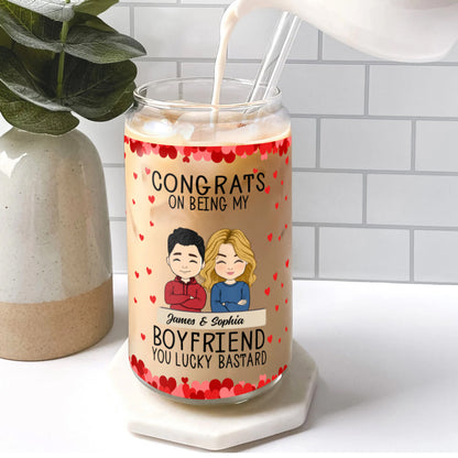 Glasflasche mit der Aufschrift „Congrats On Being My Boyfriend“/Mattierte Flasche mit Deckel und Strohhalm – personalisierte Glasflasche