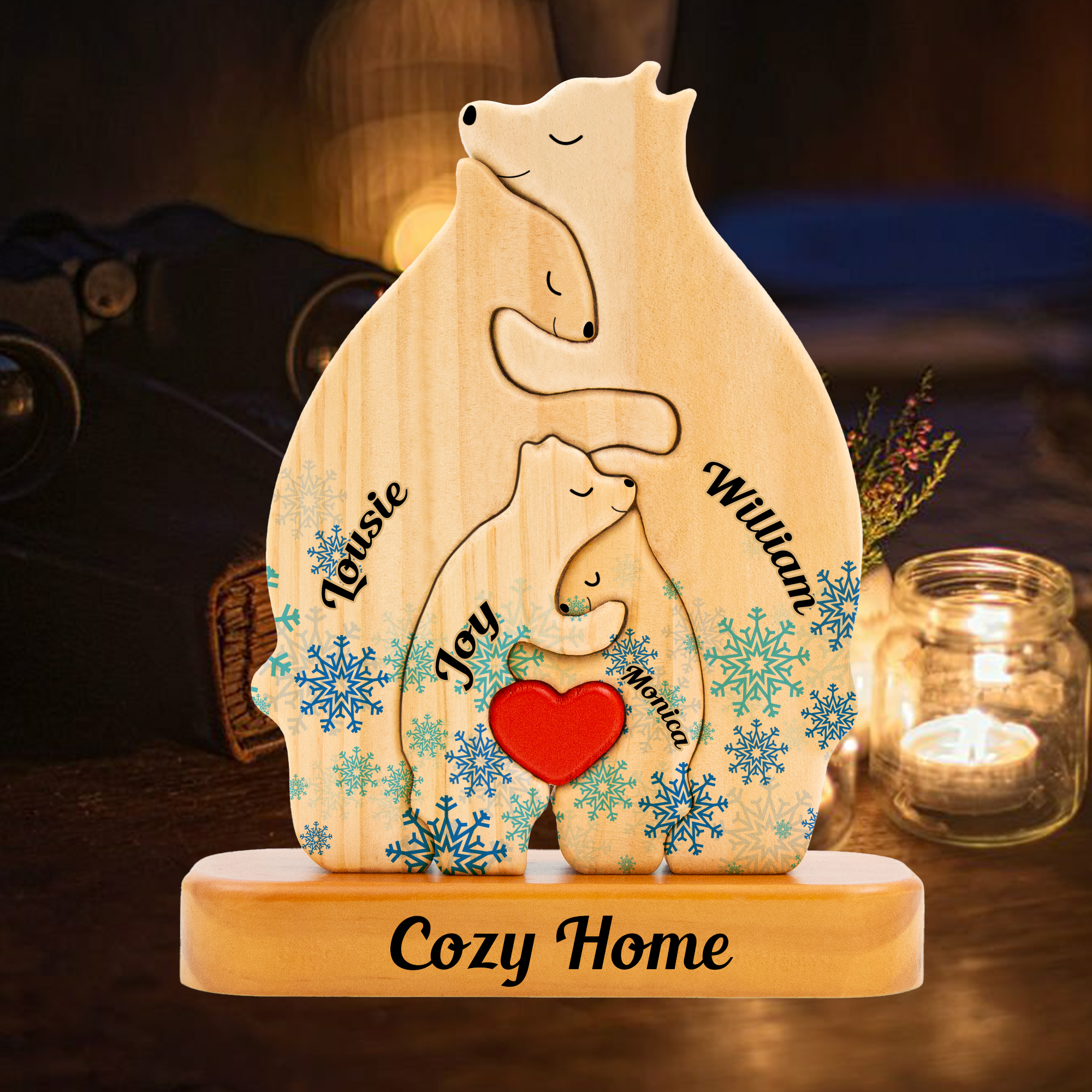 Snow Pattern Wooden Bear Family Puzzle, Wooden Bear Snowy , Christmas Family Keepsake Gifts