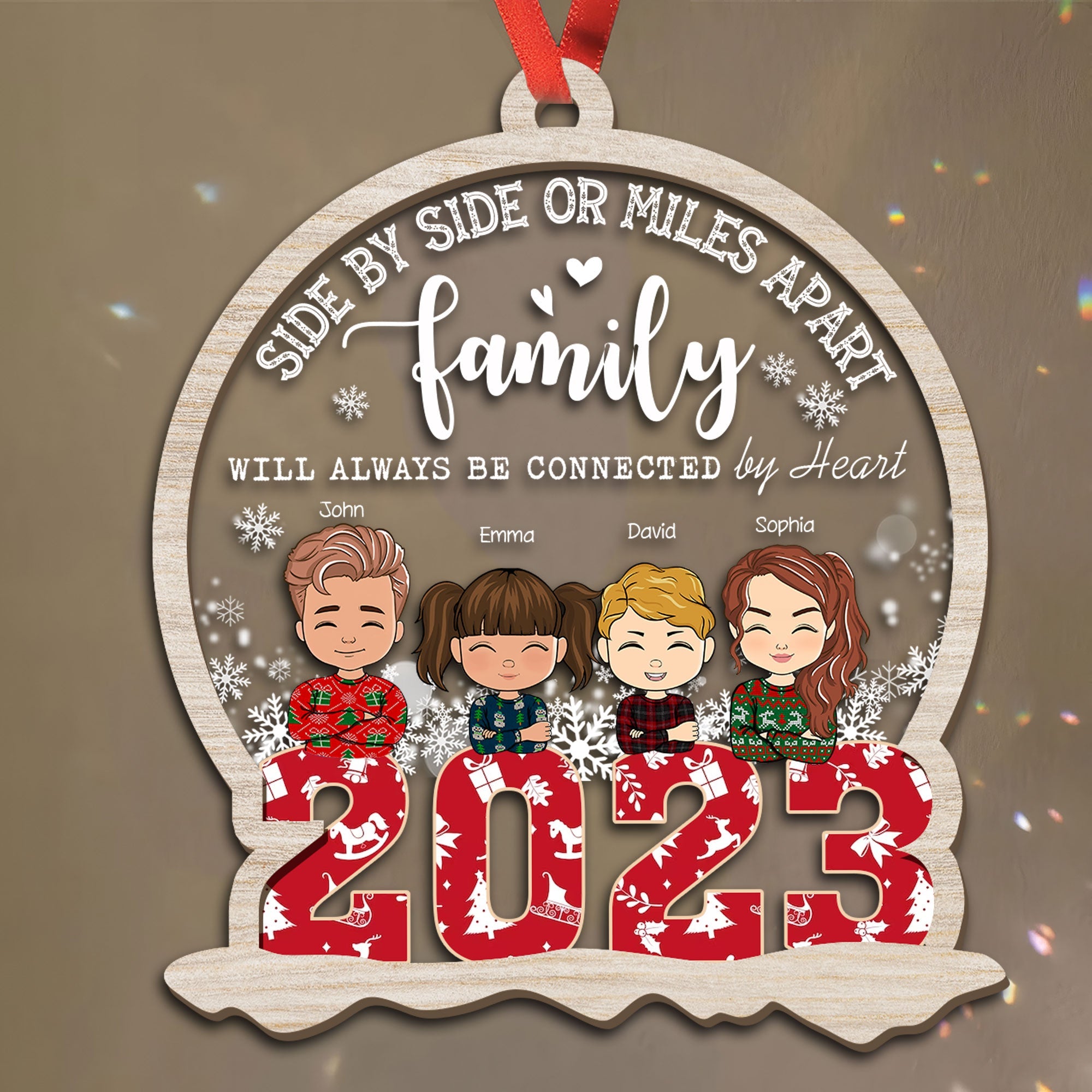 Side By Side Or Miles Apart Family Will Always Be Connected By Heart Ornament - Custom Shape Wood and Acrylic Ornament