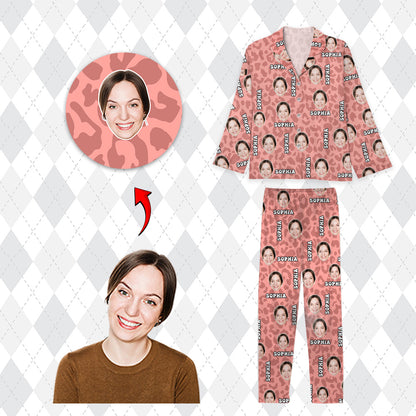 Custom Face Pattern Leopard Pajamas Set - Personalized Photo Leopard Print Pajamas