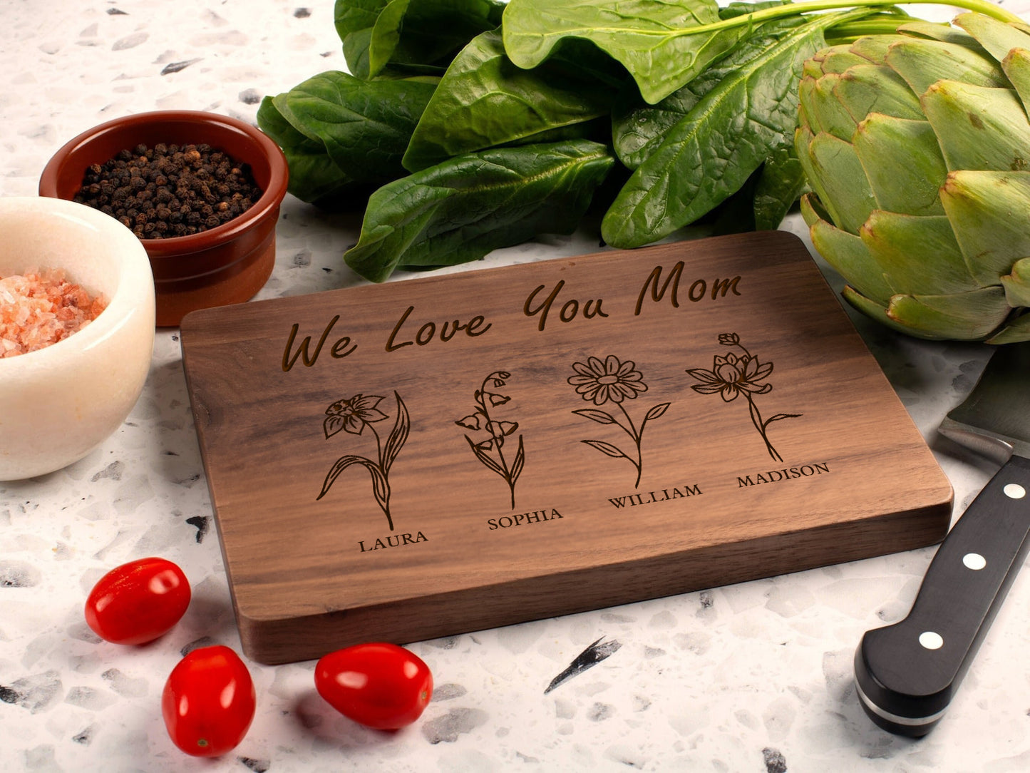 Personalized Gifts for Mom, Personalized Cutting Board, Birth Flower Mom Gifts from Daughter, Mama's Kitchen Grandmas Garden w/ Names