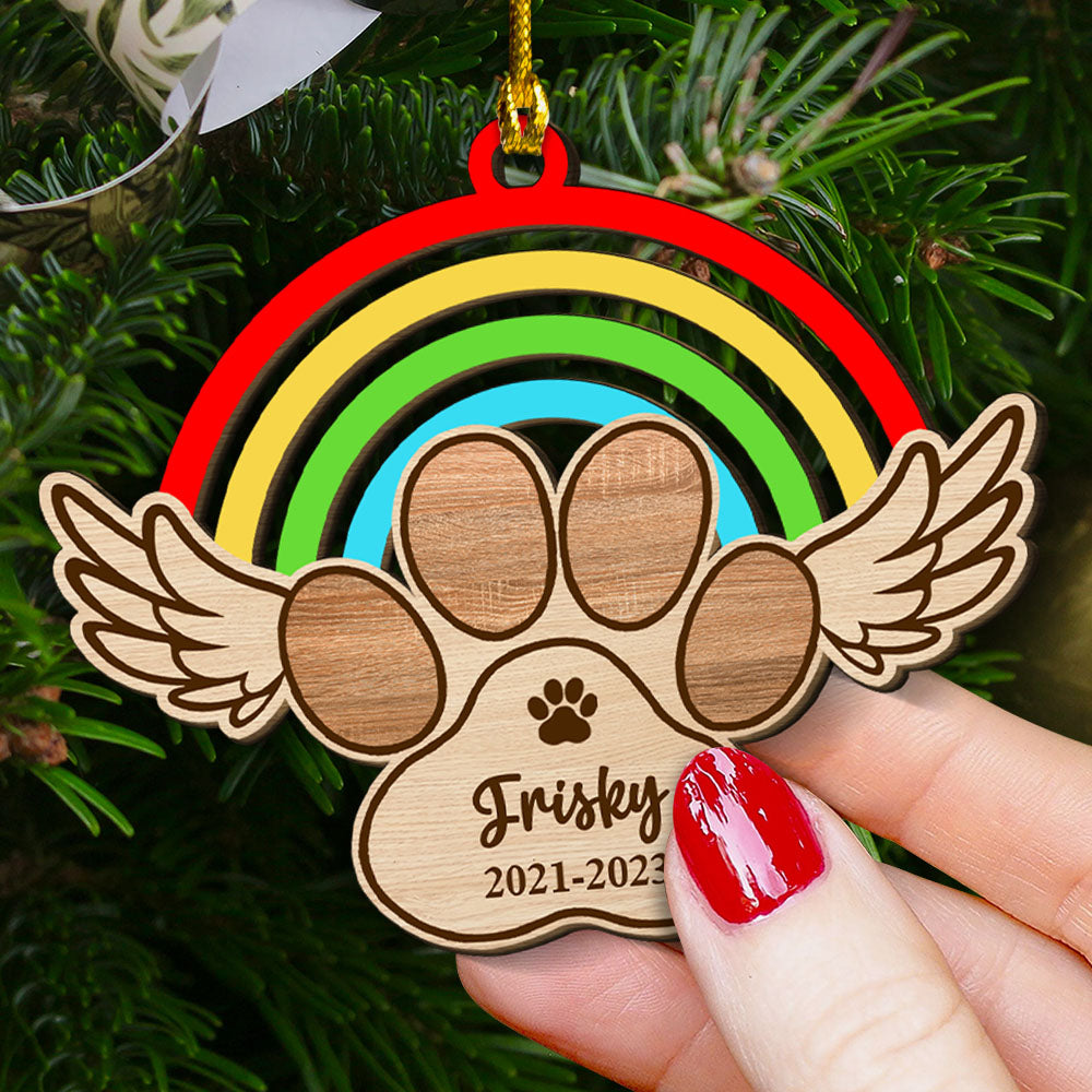 Memorial Rainbow Paw Christmas Ornament - Custom Shape Wood Ornament - 1 Layered Wood Ornament