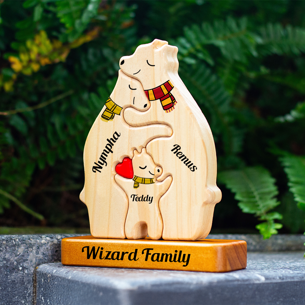 Color Scarf Personalized Wooden Bear Family Puzzle, Wooden Bear With Scarf, Christmas Family Keepsake Gifts