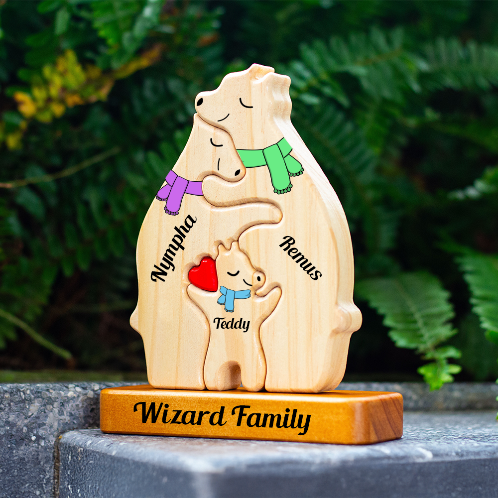 Color Scarf Style Personalized Wooden Bear Family Puzzle, Wooden Bear With Scarf, Christmas Family Keepsake Gifts