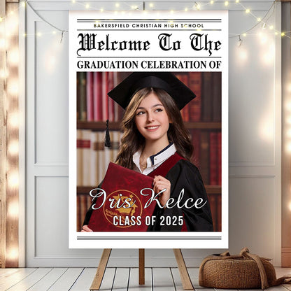 Newspaper Styles Class Of 2025 - Graduation Party Welcome Sign - Custom Photo Grad Party Sign - Personalized Graduation Decoration