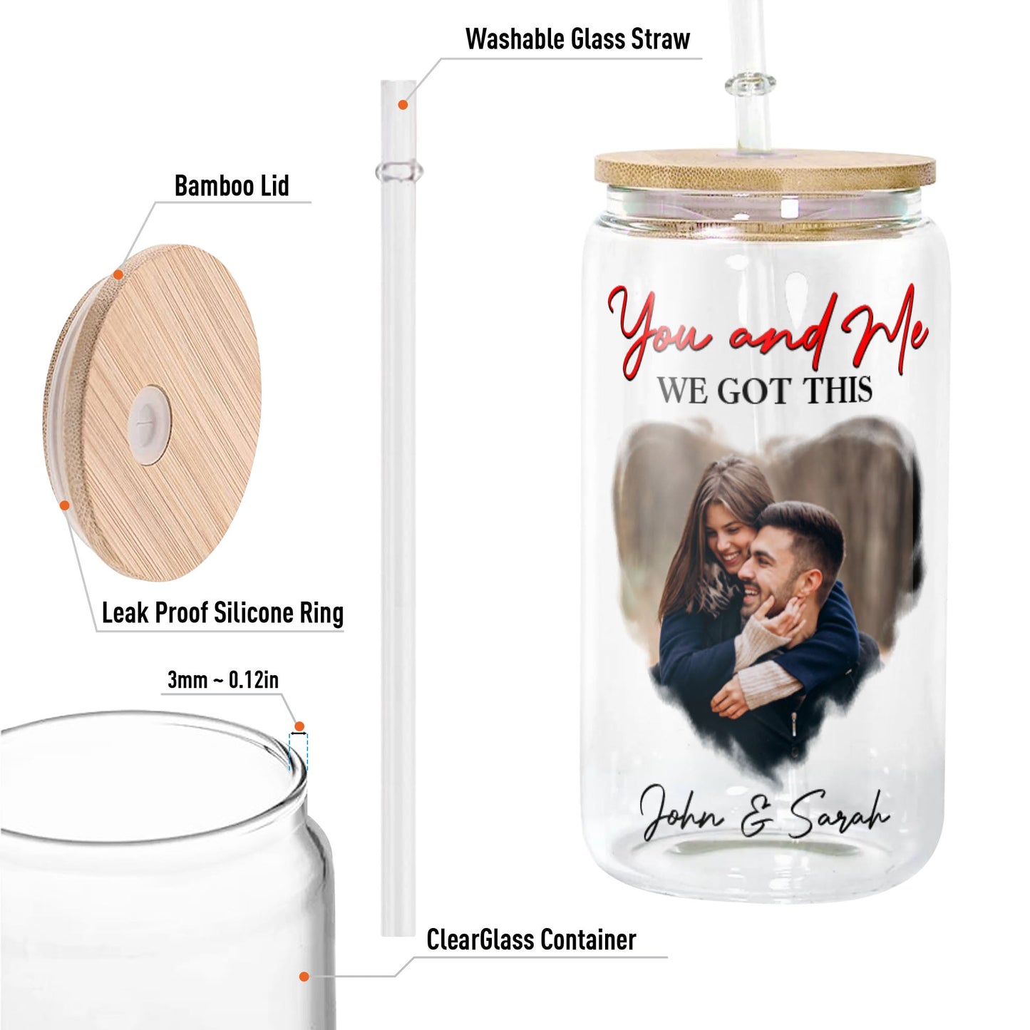 You and Me We Got This Glass Bottle/Frosted Bottle With Lid & Straw - Personalized Glass Bottle