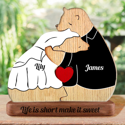 Anniversary Cozy Bear Couple Wooden Bears with Clothes - Puzzle Wooden Bears Family - Wooden Pet Carvings