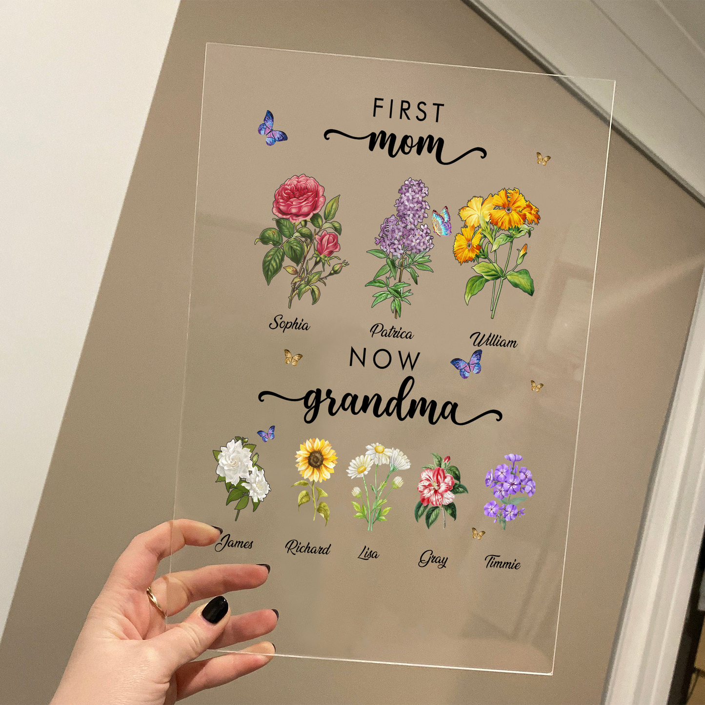 Einzigartiges Muttertagsgeschenkschild, personalisierter Namensständer für Enkel und Kinder, Geschenk für Sie, Oma-Geschenk, Acryl-Display „Erste Mama, jetzt Oma“