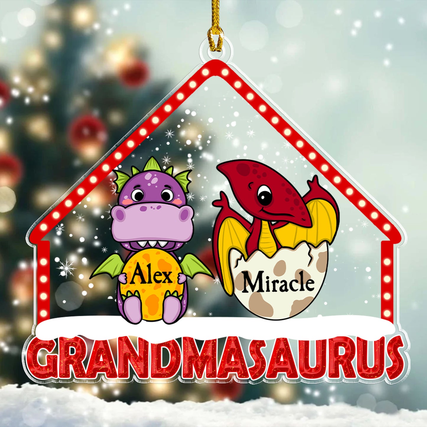 Omasaurus Oma mit ihren Kindern an Weihnachtstagen – personalisiertes Acrylornament in individueller Form 