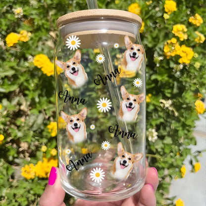 Sunflower Upload Face Dog Cat Glass Bottle/Frosted Bottle With Lid & Straw, Pet Lover Gift - Personalized Glass Bottle