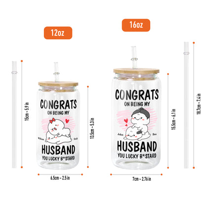 Congrats On Being My Husband Anniversary Gift For Couple Glass Bottle/Frosted Bottle With Lid & Straw - Personalized Glass Bottle