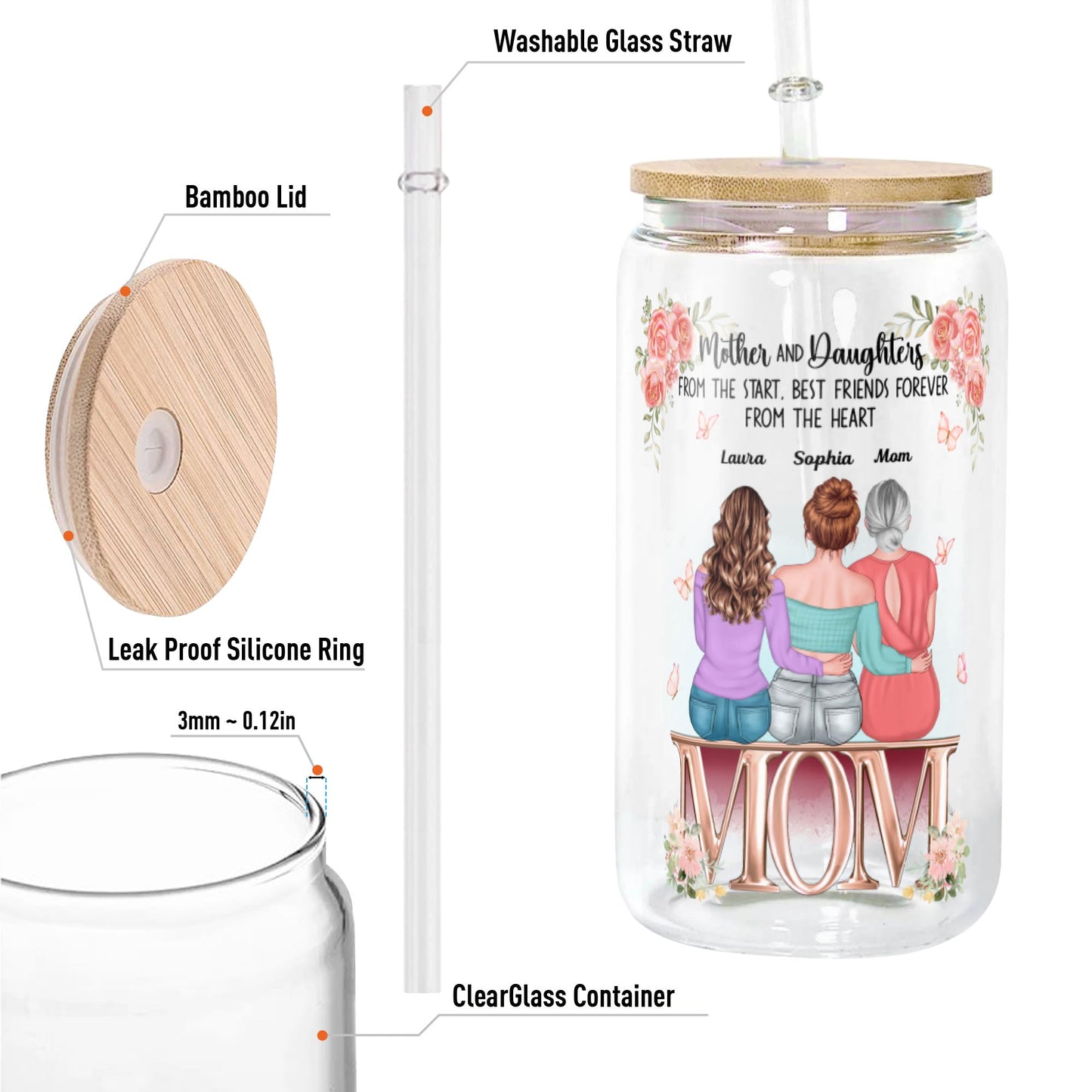 Mother and Daughter Glass Bottle/Frosted Bottle With Lid & Straw - Personalized Glass Bottle