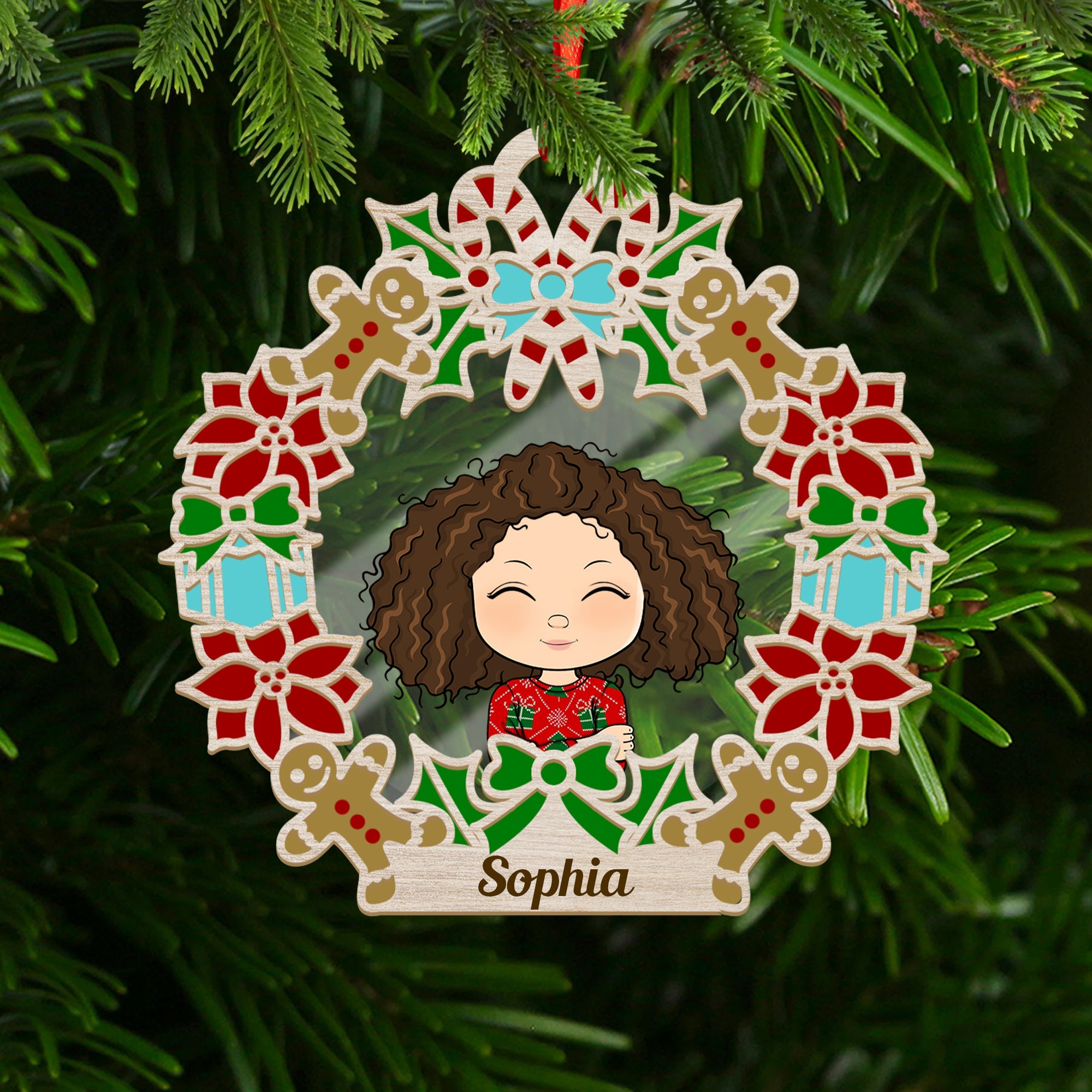 Wreath Family Holiday Christmas Ornament - Custom Shape Wood and Acrylic Ornament
