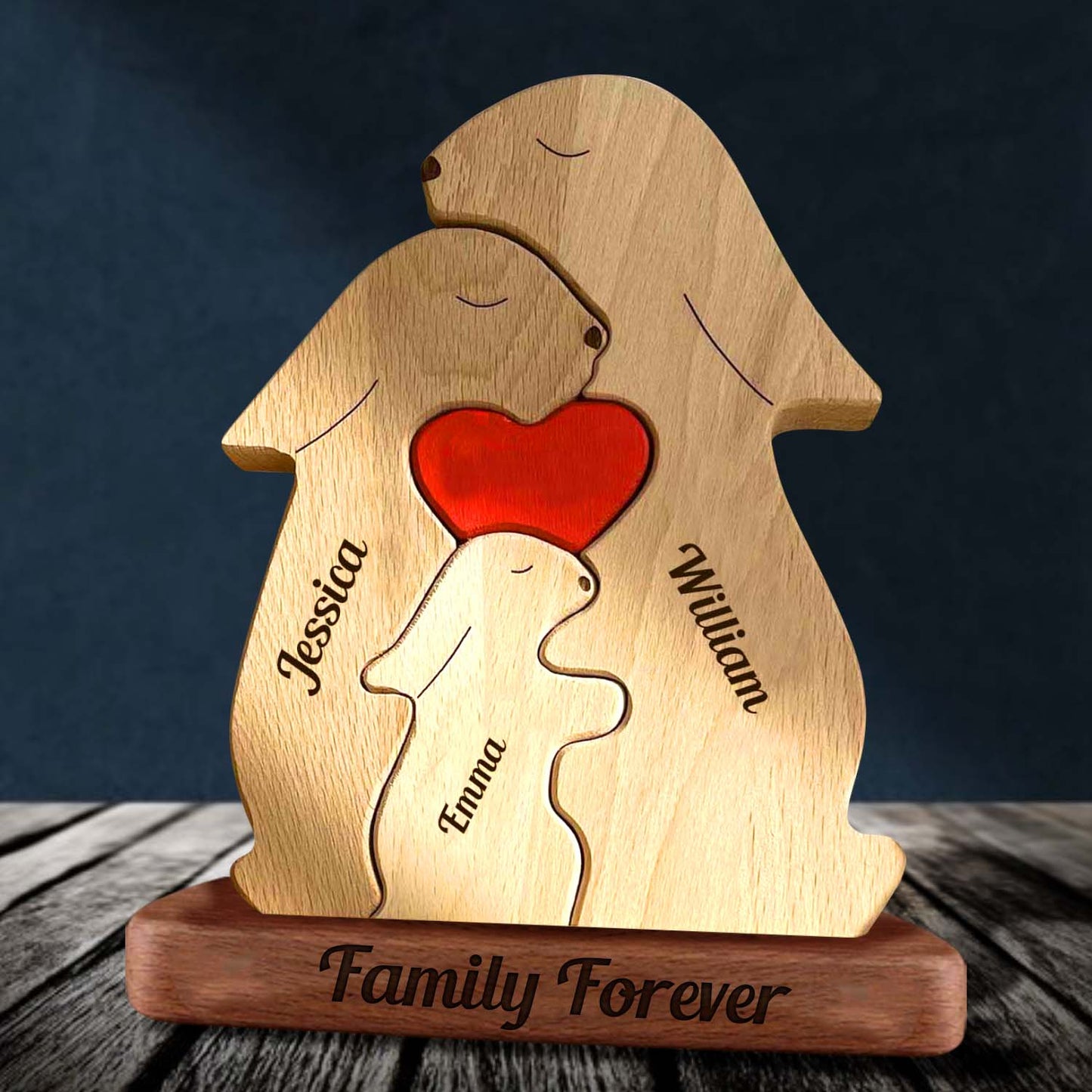 Personalisierte Kaninchen mit Herzen Holzfamilie - Puzzle Holzfamilie - Holzschnitzereien für Haustiere