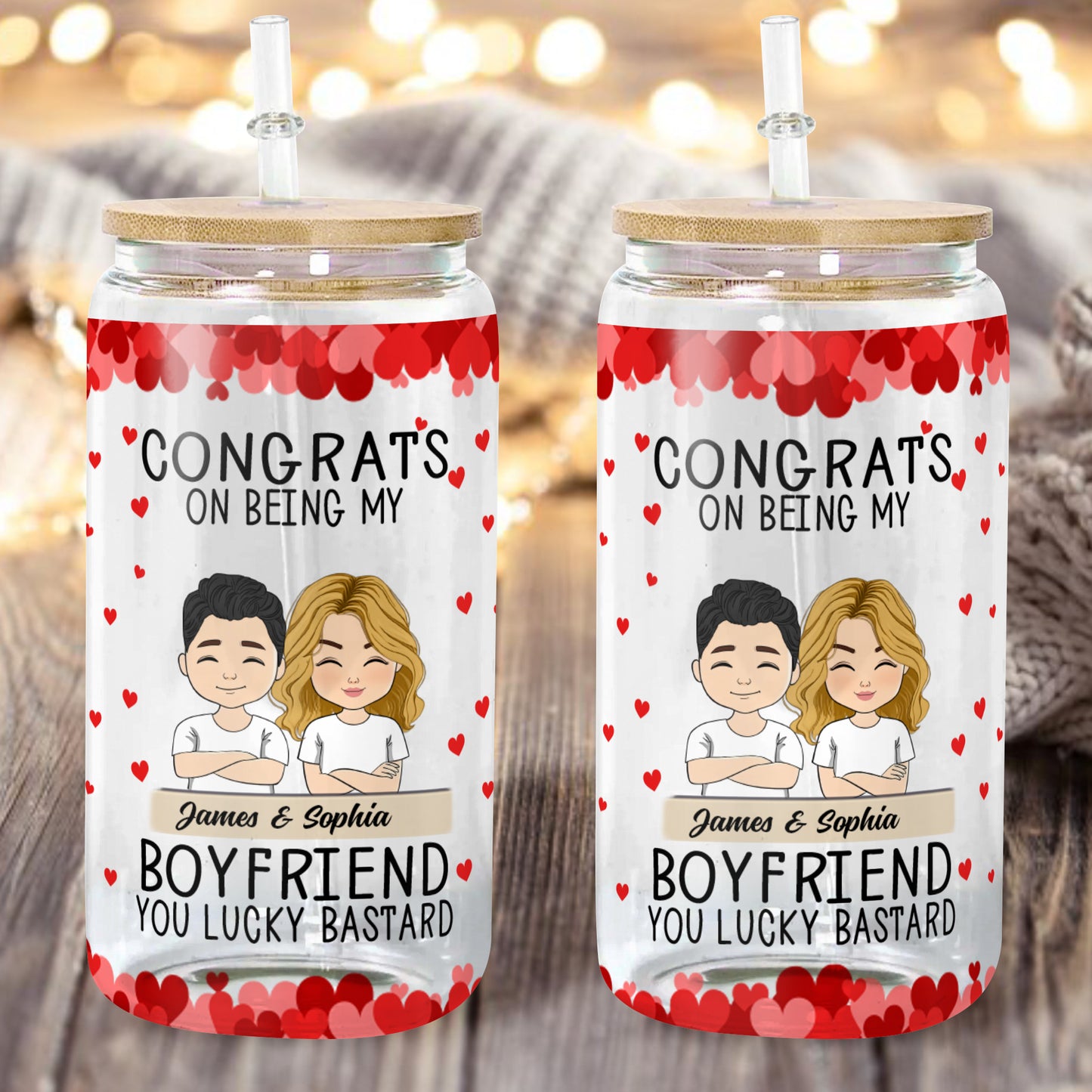 Glasflasche mit der Aufschrift „Congrats On Being My Boyfriend“/Mattierte Flasche mit Deckel und Strohhalm – personalisierte Glasflasche