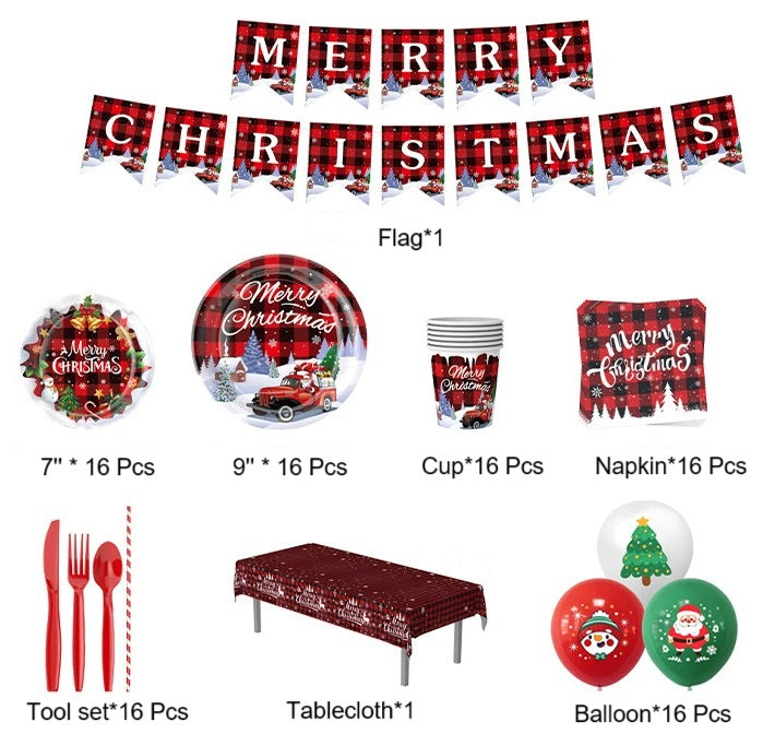 Christmas Plates and Napkins Set, Disposable Paper Plate Sets with Flag Tablecloth Balloon for Merry Christmas Party Supplies Serve 16