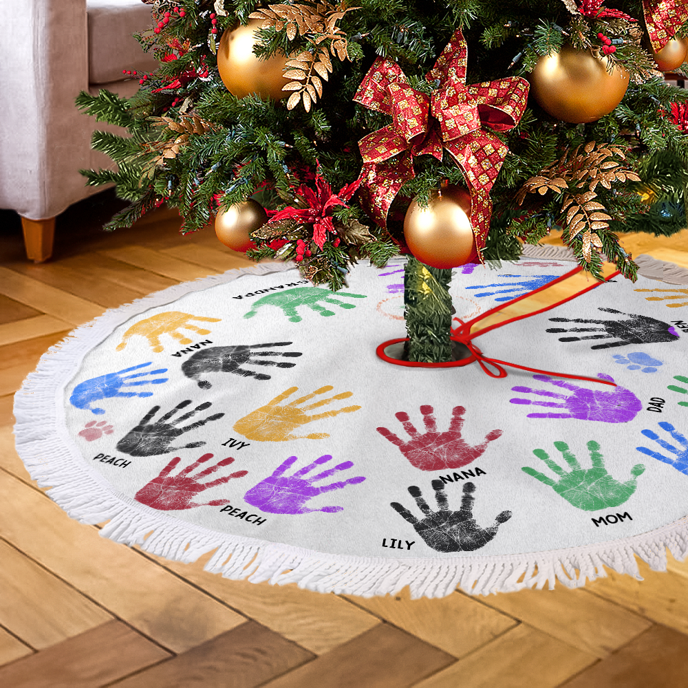 Christmas Tree Skirt - Personalized Christmas As A Family Handprints - Christmas Tree Cover 2024