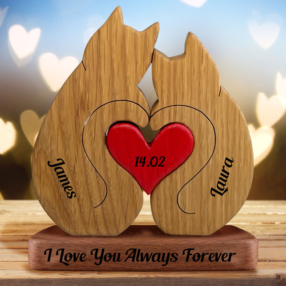 Couple Cats Together Personalized Wooden Couple - Puzzle Wooden Bears Family - Wooden Pet Carvings