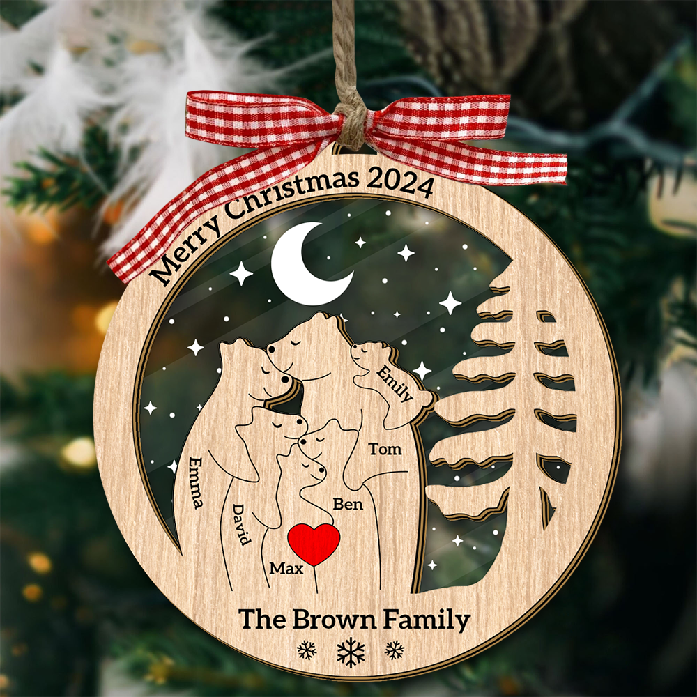 Personalized Wooden Bear Family Christmas Tree Ornament - 2-Layer Wood Pet Carving Ornament - Custom Bear Family Ornament