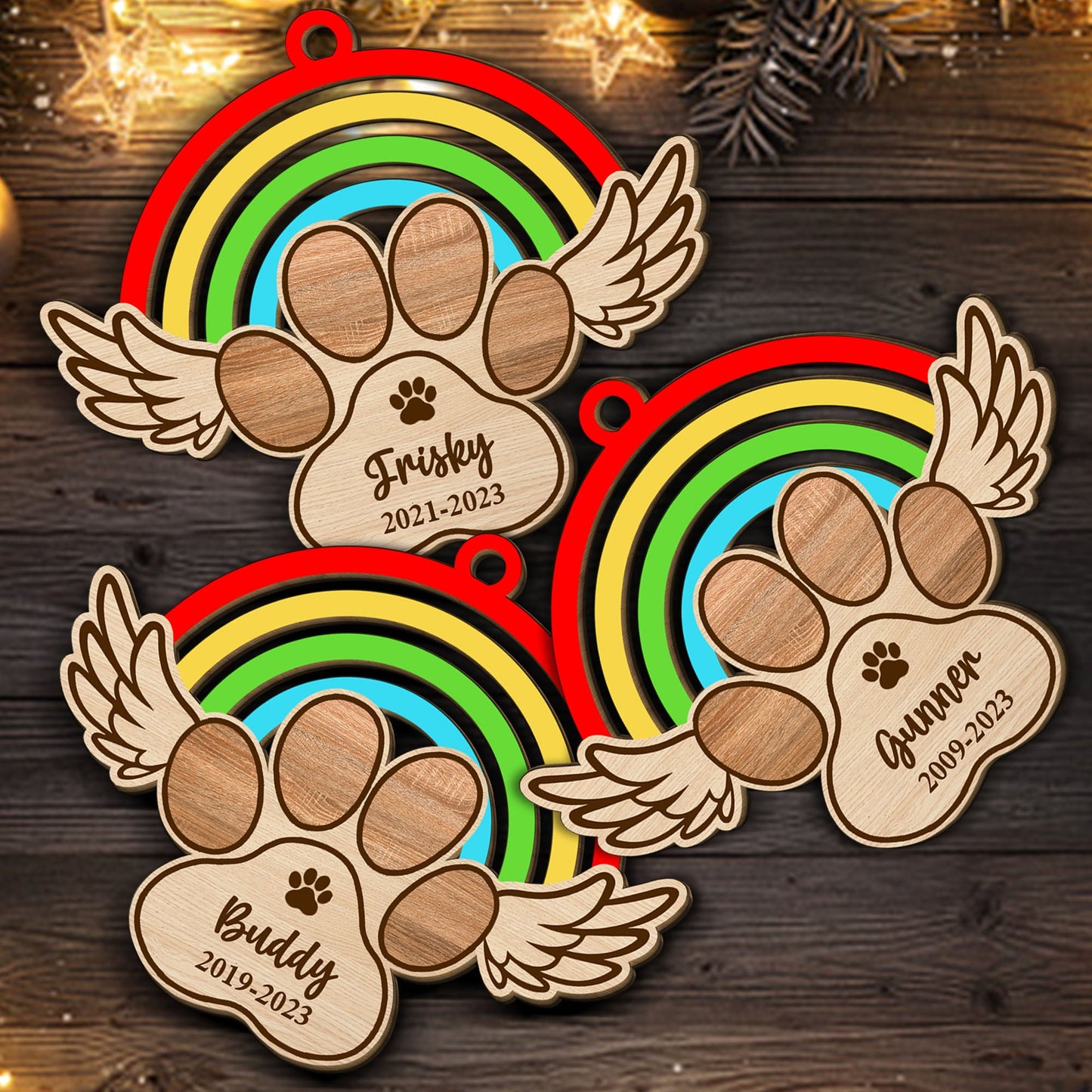 Memorial Rainbow Paw Christmas Ornament - Custom Shape Wood Ornament - 1 Layered Wood Ornament