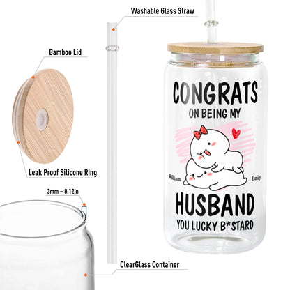 Congrats On Being My Husband Anniversary Gift For Couple Glass Bottle/Frosted Bottle With Lid & Straw - Personalized Glass Bottle