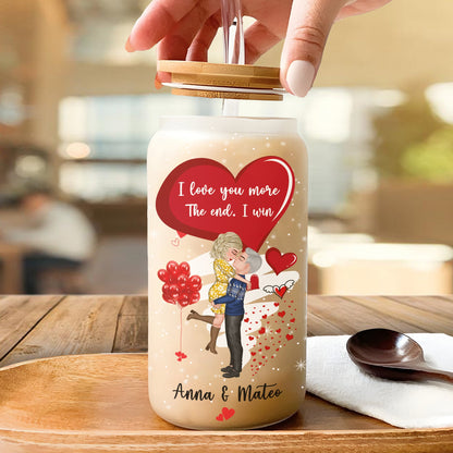 Weihnachtsflasche „I Love You More“/Mattierte Flasche mit Deckel und Strohhalm – personalisierte Glasflasche