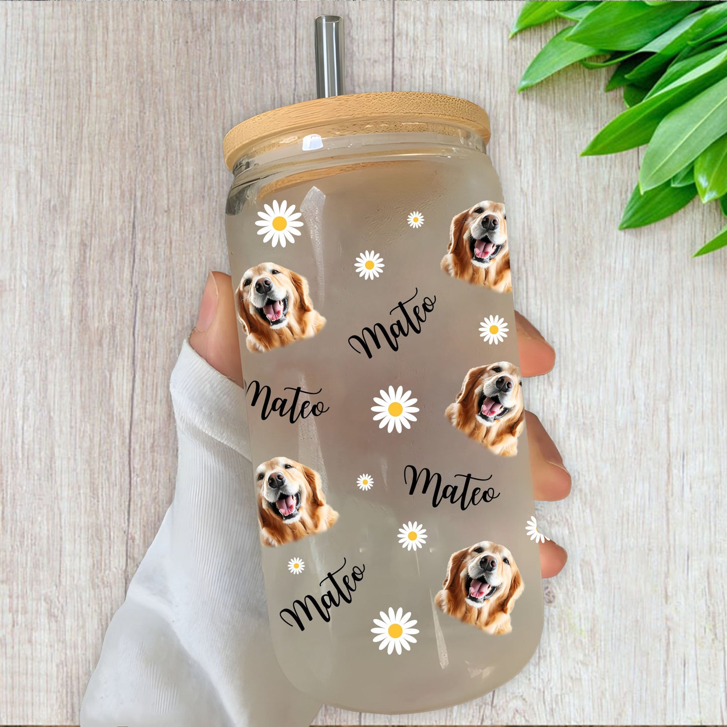 Sunflower Upload Face Dog Cat Glass Bottle/Frosted Bottle With Lid & Straw, Pet Lover Gift - Personalized Glass Bottle