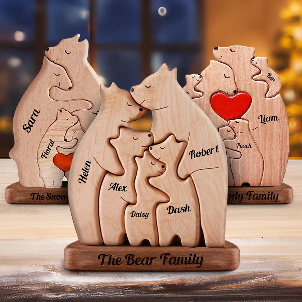 Personalisierte Holzbärenfamilie 2 - Puzzle Holzbärenfamilie - Holzschnitzereien für Haustiere