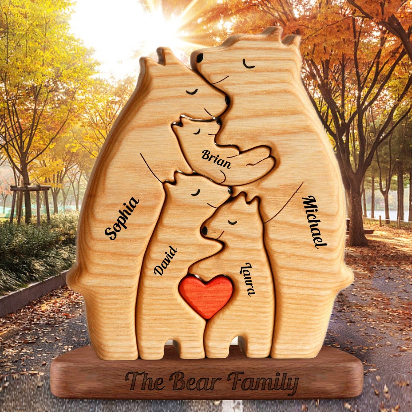 Personalisierte Holzbärenfamilie mit Herzen - Puzzle Holzbärenfamilie - Holzschnitzereien für Haustiere