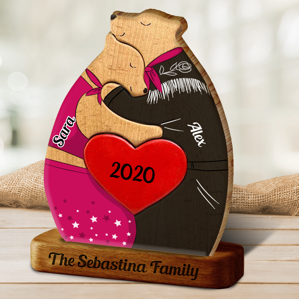 Anniversary Personalized Wooden Bears Couple with Clothes- Puzzle Wooden Bears Family - Wooden Pet Carvings