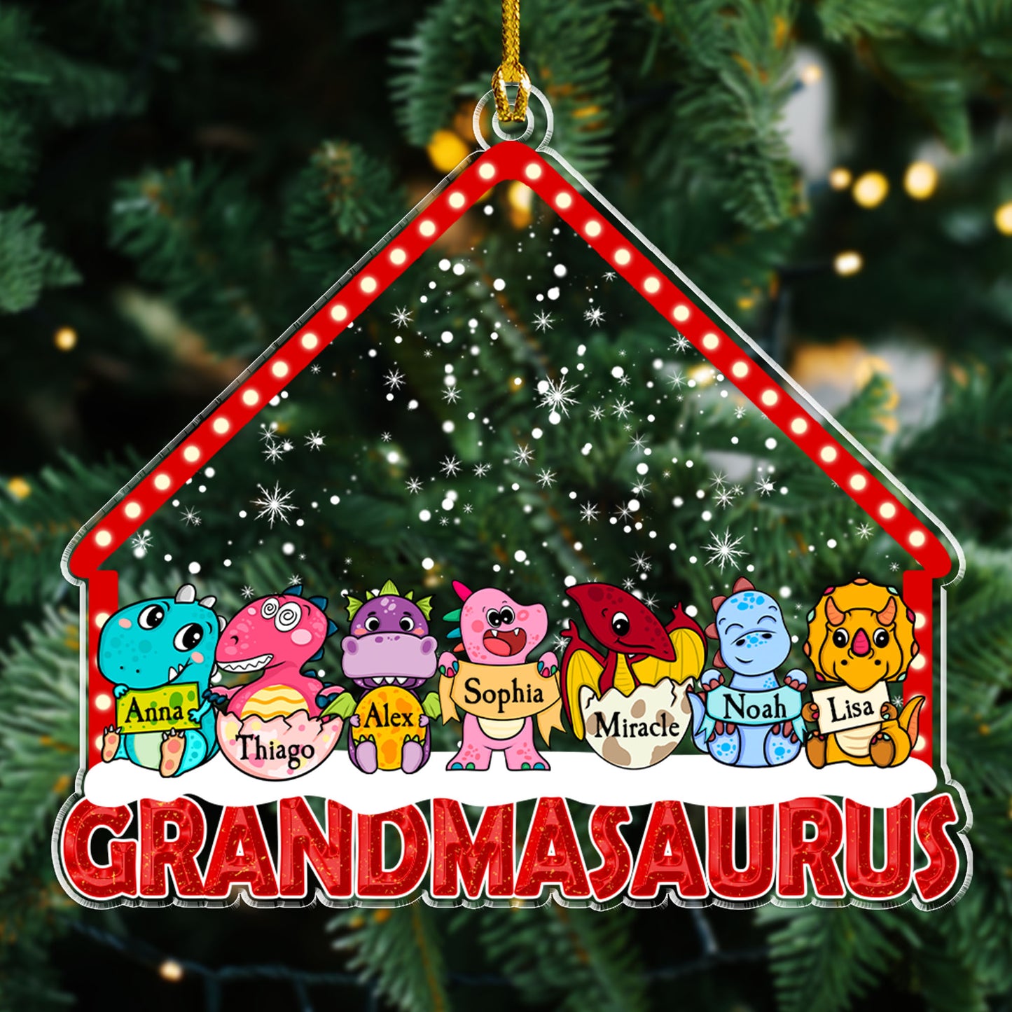 Omasaurus Oma mit ihren Kindern an Weihnachtstagen – personalisiertes Acrylornament in individueller Form 