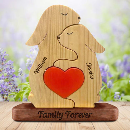 Personalized Rabbits With Hearts Wooden Family - Puzzle Wooden Family - Wooden Pet Carvings