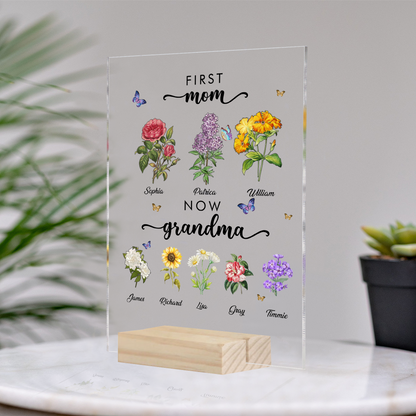 Einzigartiges Muttertagsgeschenkschild, personalisierter Namensständer für Enkel und Kinder, Geschenk für Sie, Oma-Geschenk, Acryl-Display „Erste Mama, jetzt Oma“