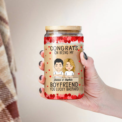 Glasflasche mit der Aufschrift „Congrats On Being My Boyfriend“/Mattierte Flasche mit Deckel und Strohhalm – personalisierte Glasflasche