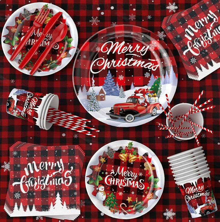 Christmas Plates and Napkins Set, Disposable Paper Plate Sets with Flag Tablecloth Balloon for Merry Christmas Party Supplies Serve 16