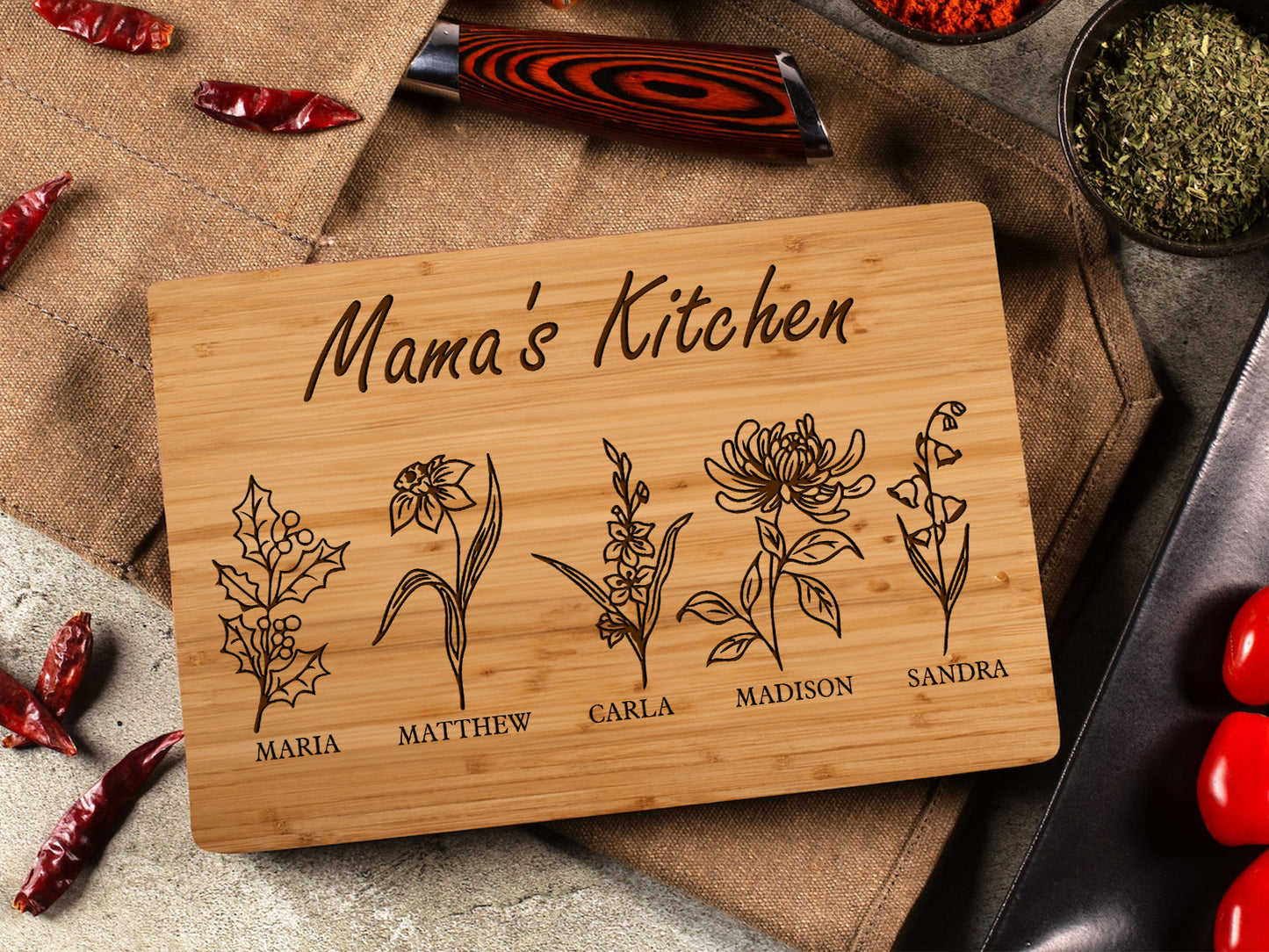 Personalized Gifts for Mom, Personalized Cutting Board, Birth Flower Mom Gifts from Daughter, Mama's Kitchen Grandmas Garden w/ Names