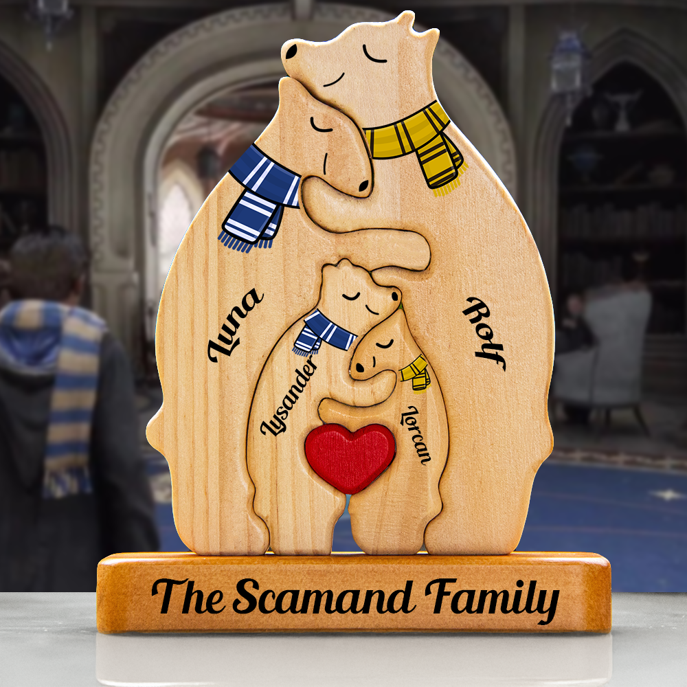 Color Scarf Personalized Wooden Bear Family Puzzle, Wooden Bear With Scarf, Christmas Family Keepsake Gifts