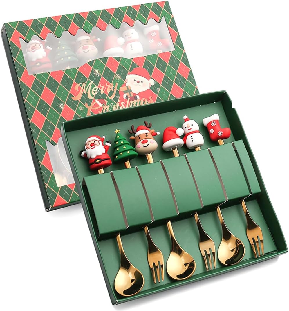 Christmas Cutlery Set, 6 PCS Stainless Steel Spoon and Forks Utensils Set for Coffee Dessert, Ideal Christmas Gift Gold Style