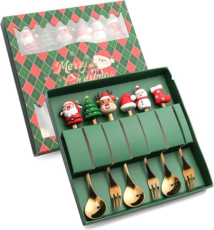 Christmas Cutlery Set, 6 PCS Stainless Steel Spoon and Forks Utensils Set for Coffee Dessert, Ideal Christmas Gift Gold Style