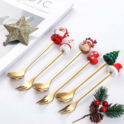 Christmas Cutlery Set, 6 PCS Stainless Steel Spoon and Forks Utensils Set for Coffee Dessert, Ideal Christmas Gift Gold Style