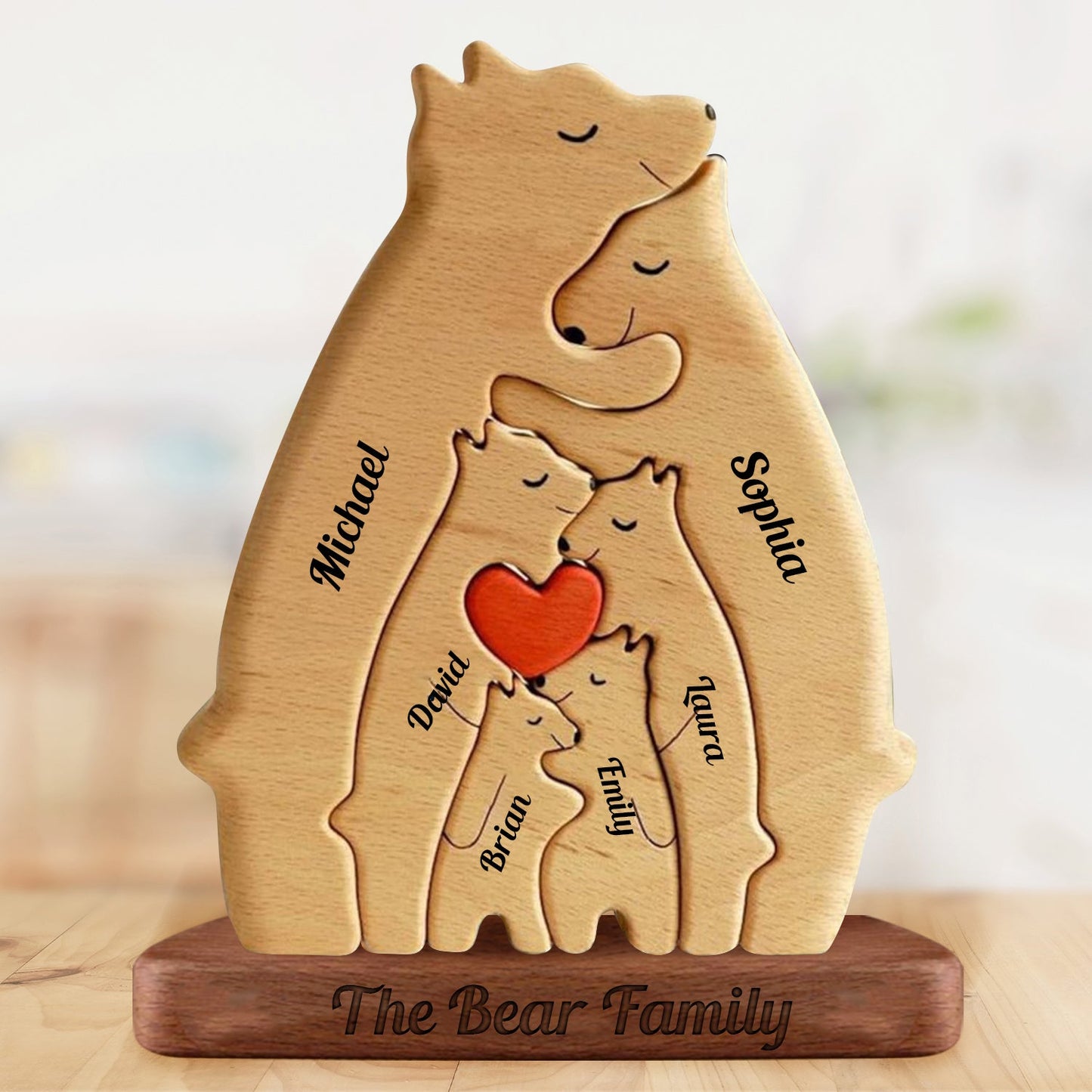 Personalisierte Holzbärenfamilie mit Herzen - Puzzle Holzbärenfamilie - Holzschnitzereien für Haustiere