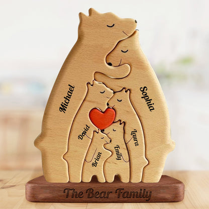 Personalisierte Holzbärenfamilie mit Herzen - Puzzle Holzbärenfamilie - Holzschnitzereien für Haustiere